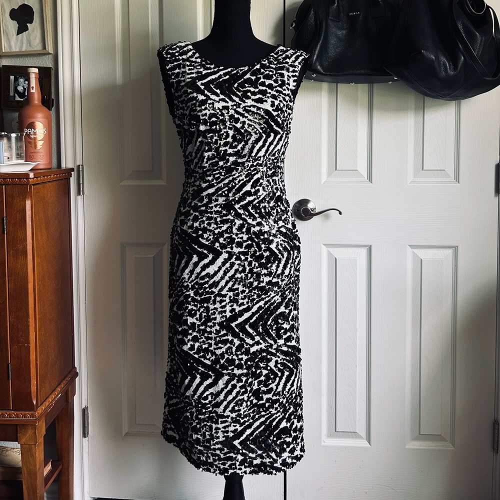 black & white sequined sleeveless open back formal zebra print cocktail dress
